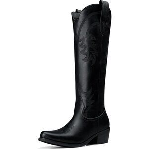 Women's Black Comfortable Pointed Toe Knee High Cowgirl Boots Chunky Low Heel